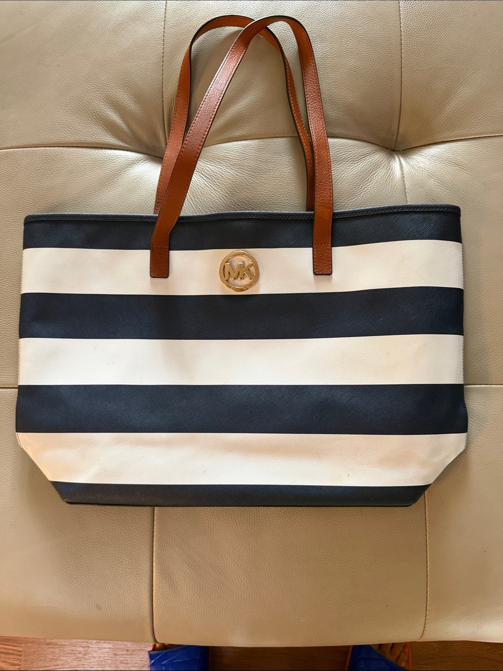 Michael Kors Navy & White Striped Tote with Brown Leather Straps